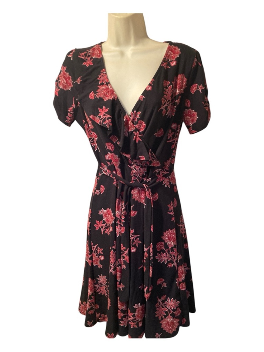 Black Floral Wrap Dress with Pink Rose Print